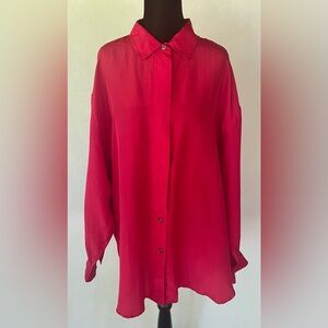 VTG EXPRESS CAMPAGNIE INTERNATIONALE 100% Silk Red Blouse Sz L 31” Long Colorful